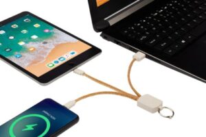 Branded Cork Keychain Charging Cable Charging a phone, tablet and computer