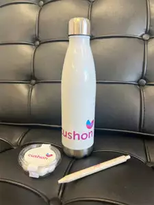 Express Promotional Products for Cushon: Branded stainless steel bottle, mints and pen