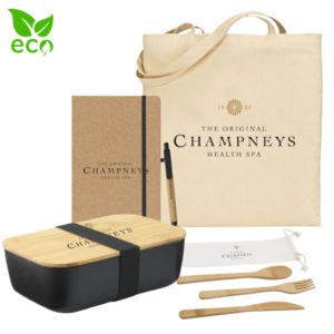 Eco Onboarding Pack: 5oz Reusable Cotton Tote Bag, Reusable Eco Cutlery, Reusable Lunch Box, A5 Corker Notebook and Corky Pen