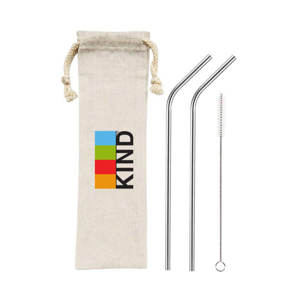 2 Branded Metal Straws With Pouch & Cleaning Brush
