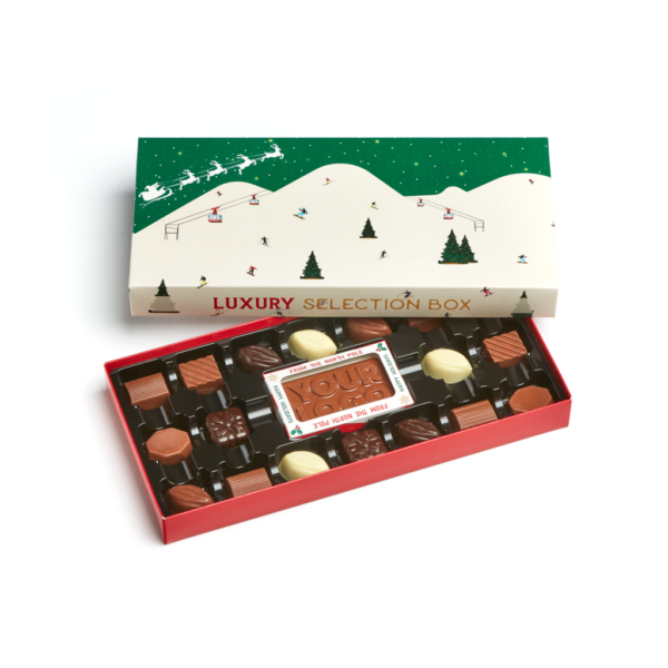 Branded Christmas Chocolate Selection Box- lid open displaying chocolates inside