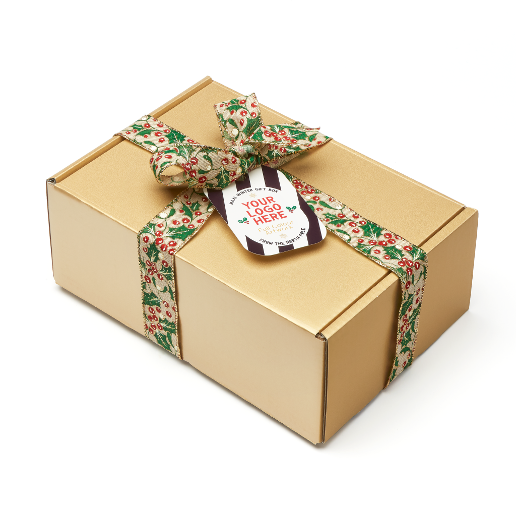 Outside Of The Box With Festive Ribbon And Logo Branded Gift Tag