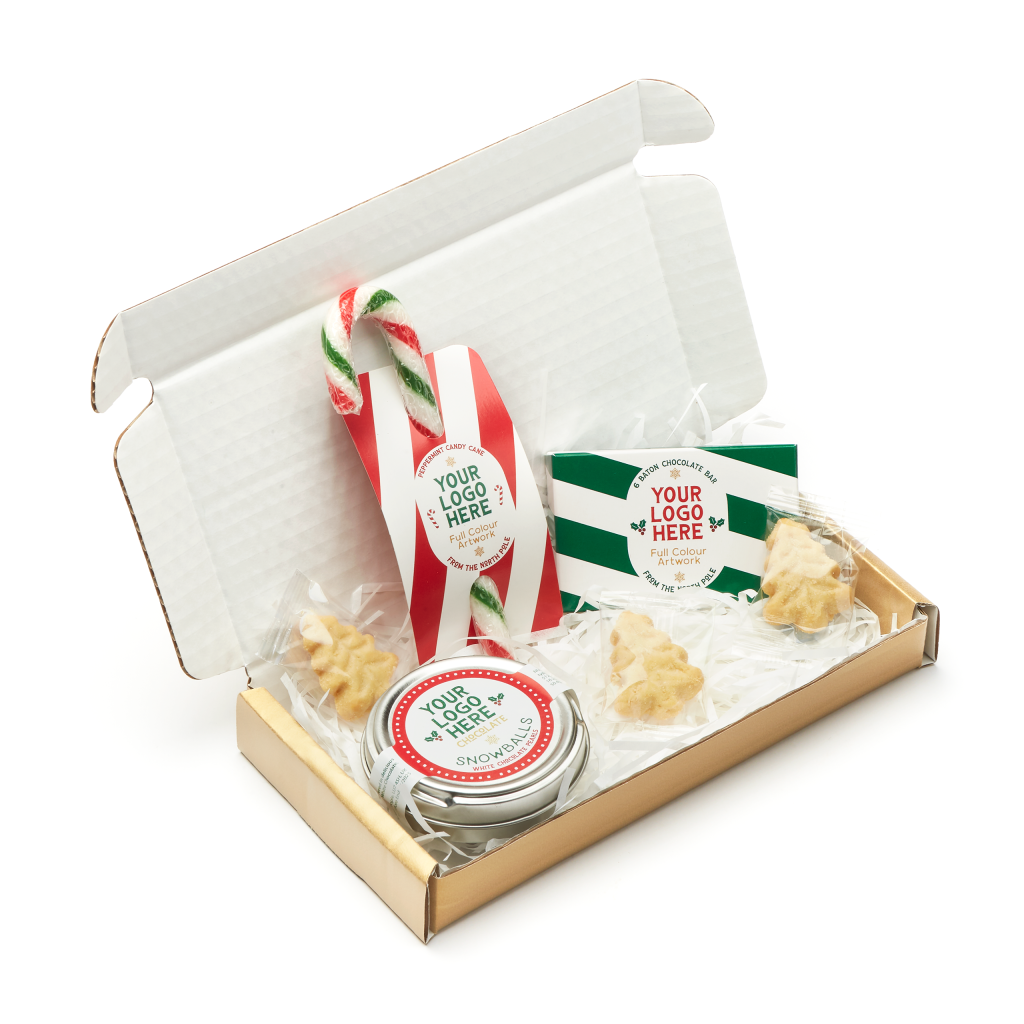 Logo Branded Christmas Letterbox Gift Set With Caviar Tin – Chocolate Pearls, 3 X Festive Shortbread, Peppermint Candy Cane, 6 Baton Milk Chocolate Bar