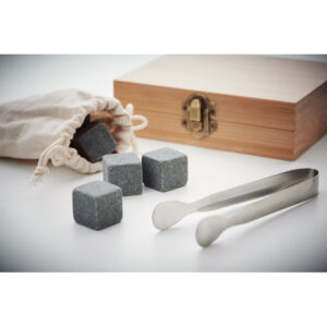 Promotional Whiskey Stone Set With Cotton Drawstring Bag, Wooden Box And Tongs