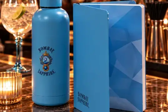 Pantone-Matched Blue Water Bottle And Notebook For Bombay Sapphire