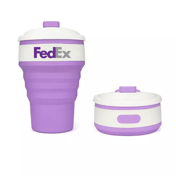 Purple Branded Collapsible Reusable Coffee Cup Printed With Logo Around The Top Band