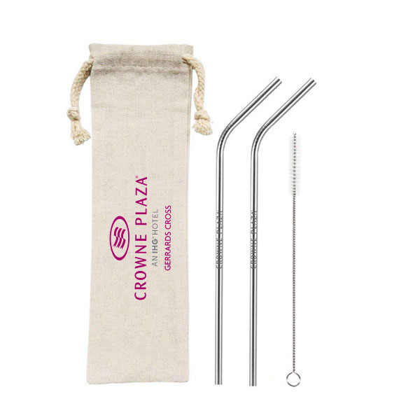 2 Branded Metal Straws With Pouch & Cleaning Brush