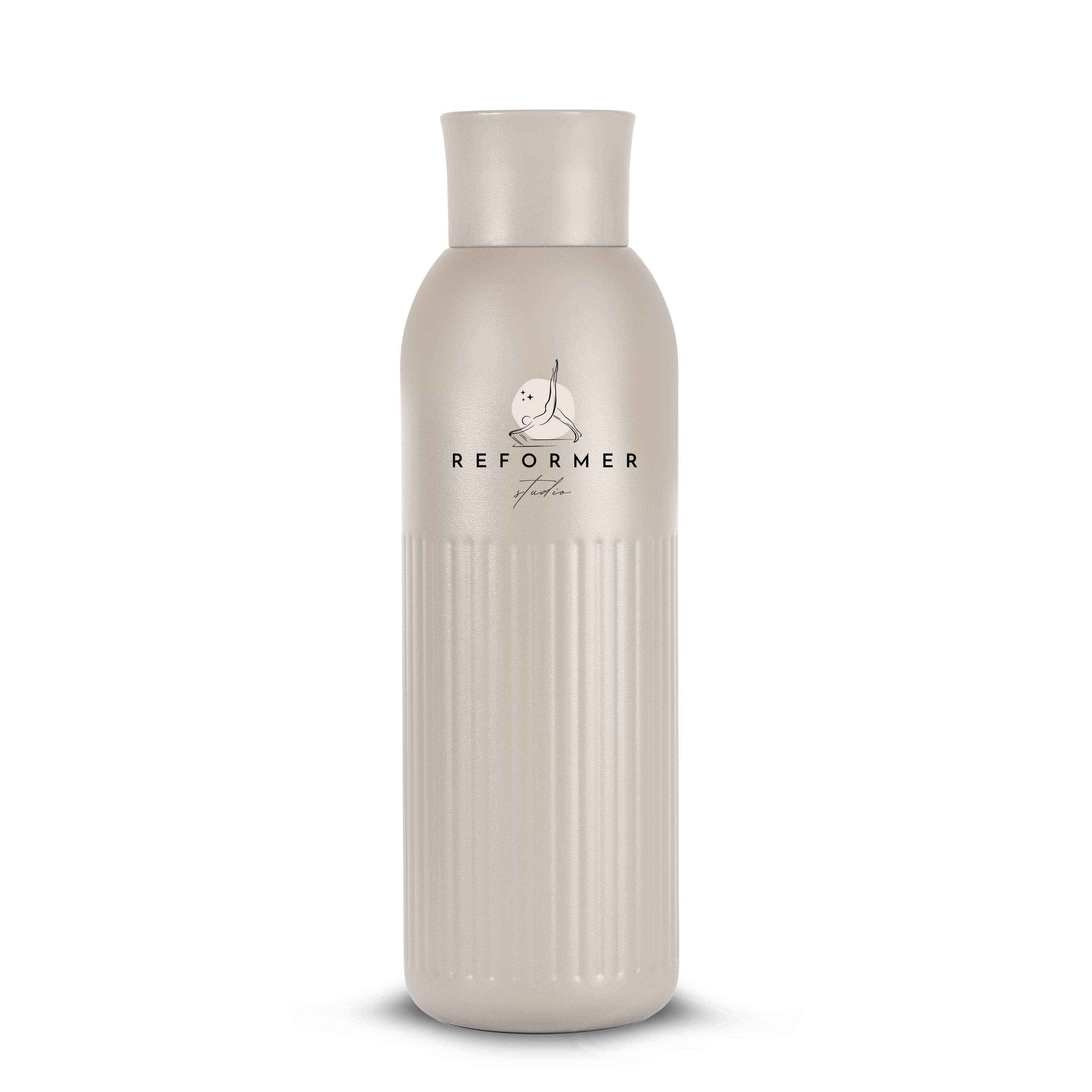 Sagaform Tekla Push Cap Recycled Steel Bottle In Beige With Logo Printing On The Top Front