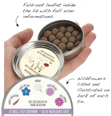 Inside view of branded seedball tin & instructions